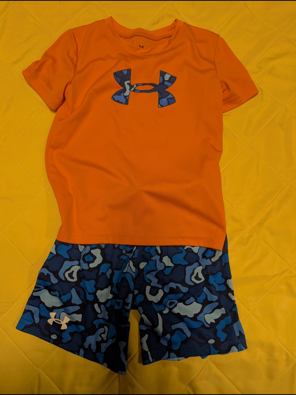 Under Armour Orange Tee with Blue Camo Shorts